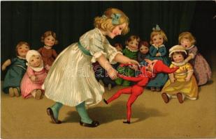 1915 Tánc a bohóccal vidám bábukkal / Dance with a clown toy. Meissner & Buch Künstler-Postkarten Serie 2011. litho