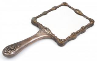 Ezüst(Ag) rózsás kézi tükör, jelzett, bársony borítású hátlap, súlyozott, 23×10,5 cm, bruttó: 232 g