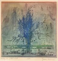 Gross Arnold (1929-2015): Virág és játékvonat, színes rézkarc. Jelzett, próbanyomat, üvegezett keretben 19x19 cm.