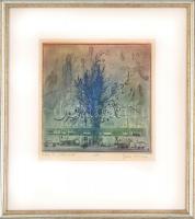 Gross Arnold (1929-2015): Virág és játékvonat, színes rézkarc. Jelzett, próbanyomat, üvegezett keret...