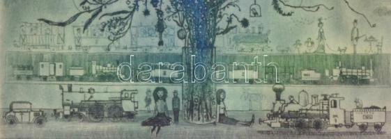 Gross Arnold (1929-2015): Virág és játékvonat, színes rézkarc. Jelzett, próbanyomat, üvegezett keret...