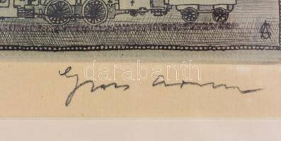 Gross Arnold (1929-2015): Virág és játékvonat, színes rézkarc. Jelzett, próbanyomat, üvegezett keret...