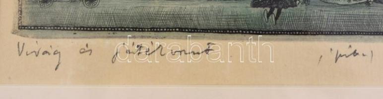 Gross Arnold (1929-2015): Virág és játékvonat, színes rézkarc. Jelzett, próbanyomat, üvegezett keret...