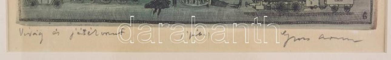 Gross Arnold (1929-2015): Virág és játékvonat, színes rézkarc. Jelzett, próbanyomat, üvegezett keret...