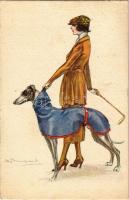 1922 Italian art postcard. Lady with Sighthound dog. Anna e Gasparini 624-1. s: Bompard - PERFORÁLT BÉLYEG