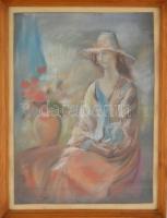 Trischler Ferenc (1945- ): Ülő hölgy virágokkal, pasztell, papír, jelzett, üvegezett fa keretben. Tr...