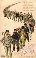 1901 Száz csacsi (pardon) legény egy sorban... humoros litho művészlap / Men humour, litho s: Hegedűs-Geiger R. (EB)