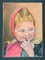Olvashatatlan jelzéssel: Kislány portréja,pasztell, papír, lap tetején kisebb szakadással, paszpartuban, datált (1950). 57,5×41,5 cm