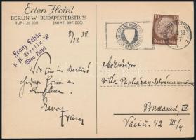 1938 Lehár Ferenc (1870-1948) zeneszerző saját kézzel megírt és pecsétjével ellátott, berlini kávéházi képeslapja vitéz Papházy Istvánnénak küldve. / Autograph postcard of Franz Lehar (1870-1948), sent from Berlin, Germany with his own stamp.