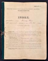 1898-1902 Selmecbánya, Magyar Királyi Bányászati és Erdészeti Akadémia indexe, erdész hallgató részére, benne két díszes, kihajtható vizsga bizonyítvánnyal. Számos aláírással, közte az igazgató aláírásaival, pecsétekkel, 6 db 30 f okmánybélyeggel és 2 db 1 K okmánybélyeggel, viaszpecséttel, hajtásnyommal, a hátsó borítón sérüléssel, az egyik vizsgabizonyítvány kijár. / Banská Štiavnica-Schemnitz, Academy for Mining and Forestry, index for a student of forestry, inside with two fold-out certificates. With many signatures, among them with the directors, with several stamps, with 2 pcs of 1K fiscal stamps, wax seal, back side damaged.