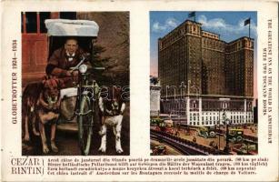 1924-1934 A mi sporttársunk K. Keresztes István ex távolsági úszóbajnok, hadirokkant, világ körüli utazó. Ezen hollandi csendőrkutya a magas hegyeken átveszi a kocsi terhének a felét, amszterdami szálló / Hungarian globetrotter, Dutch gendarme dogs, Amsterdam hotel