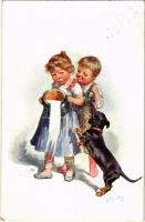 1910 Children with milk and dachshund. B.K.W.I. 344-2. s: K. Feiertag (EK)