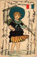 1911 French girl with umbrella, French flag. litho art postcard (fa)