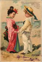 1900 Romantic children couple, German sailor boy and Chinese geisha girl, litho (small tear)