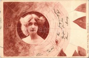 1900 Spiderweb lady. Art Nouveau. Verlag v. Heinz & Tröster. Küntslerpostk. 17.