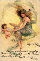 1901 Lady with angel boy. litho