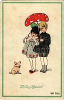 Boldog Újévet! / New Year greeting art postcard, girls with pig. Pantophot, Vienne. Nr. 22-160. s: Anny Tekauz (EM)