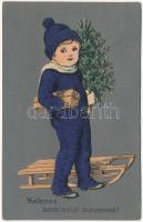 1927 Kellemes Karácsonyi ünnepeket! Textil dombornyomott képeslap / Christmas greeting. textile card