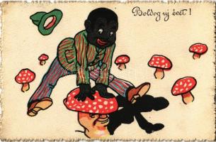 Boldog új évet! / New Year, black man jumping on mushroom. B.K.W.I. 2966-5.