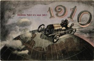 1910 Boldog új évet! / Glückliche Fahrt ins neu Jahr! / New Year greeting with automobile around the world
