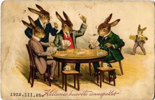 1932 Kellemes Húsvéti Ünnepeket! / Easter greeting card, rabbits playing cards and drinking beer. WSSB 8746. litho (fl)