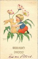1937 Boldog Húvéti Ünnepeket! / Easter greeting art postcard, child with rabbit, artist signed