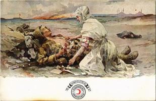 WWI Ottoman military, injured Turkish soldier with nurse on the battlefield (EK)