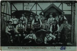 Westernachers Original-Oberlandlerkapelle - Ständige Adresse: Fürth. i. B. / Tyrolean msuic band Üdvözlet Angolpark 1911 Budapest - 1 pohár 10 korona (Rb)