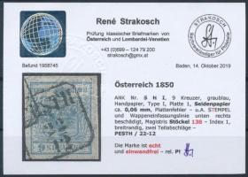 9kr HP I greyblue stamp with plate flaws,  0,6 mm thin paper "PESTH" Certificate: Strakosc...