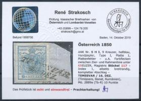 9kr HP I light blue stamp, plate flaws "TEMESVÁR" Certificate: Strakosch 9kr HP I világosk...