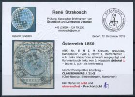 9kr HP I greyblue stamp, plate flaws "CLAUSENBURG" Certificate: Strakosch 9kr HP I szürkés...