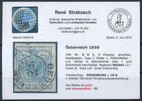 9kr HP I greyblue stamp, plate flaws "OEDENBURG" Certificate: Strakosch 9kr HP I szürkéské...