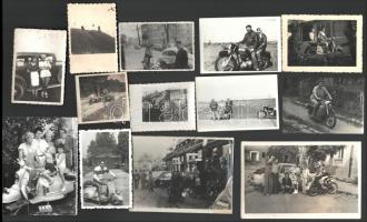 Motorkerékpárok vegyes tétele, eltérő időpontokban és különféle helyszíneken készült 13 db vintage fotó, 6x6 cm és 9x14 cm között