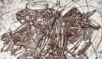 König Róbert (1951-2014): Hyppomágia II (Paripák). Fametszet, rizspapír, farostra kasírozva, jelzett...