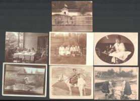 cca 1900 Privát fényképek vegyes tétele sokféle témáról, különböző helyszíneken készült 13 db vintage fotó, 12,3x7 cm és 9x12 cm között