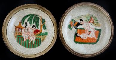 Japán fajansz bonbonniere erotikus, pornográf jelenetekkel. Jelzett, réz pánttal / Japanese fayance ...