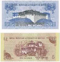 Bhután 2013. 1N + 2015. 5N T:I 
Bhutan 2013. 1 Ngultrum + 2015. 5 Ngultrum C:Unc