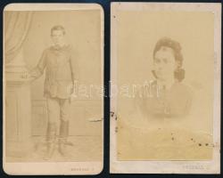 cca 1860 Győr, Skopall József (?-?) fényképész műtermében készült, vizitkártya méretű, 2 db vintage fotó, mindkettő sérült, 10,2x6,6 cm