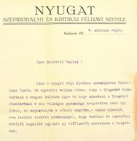 1924 A Nyugat. Szépirodalmi és kritikai folyóirat gépelt levele egy azonosítatlan személy részére, h...