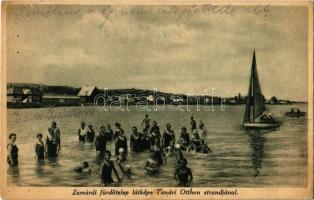 1931 Zamárdi, Balaton-Zamárdi; Fürdőtelep látképe a Tanári Otthon strandjával, fürdőzők, vitorlás. Gecse Rezső kiadása (EK)