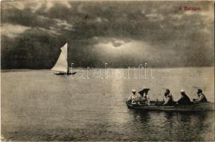 1910 Balaton, vitorlás, elegáns társaság evezős csónakban (EK)