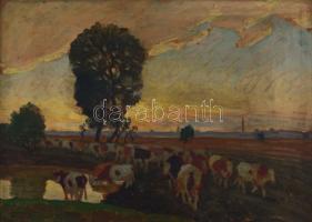 Zombory Lajos (1867-1933): Tehenek a vízparton. Olaj, karton, jelzett, fa keretben, 48,5×68,5 cm