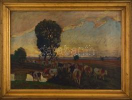 Zombory Lajos (1867-1933): Tehenek a vízparton. Olaj, karton, jelzett, fa keretben, 48,5×68,5 cm