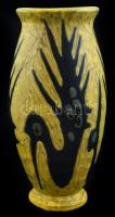 Gorka Lívia (1925-2011): Sárga-fekete madaras váza, festett mázas kerámia, jelzett, hibátlan, m: 20,5 cm