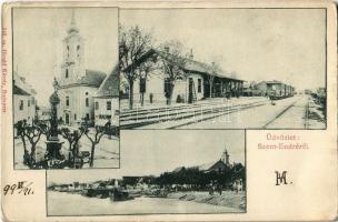 1899 Szentendre, Szent-Endre; Duna part, Kereskedők keresztje szobor, templom, HÉV (Helyiérdekű Vasút) vasútállomás, vonat. Divald Károly 143. (Rb)