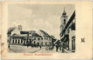 1899 Szentendre, Szent-Endre; Kereskedők keresztje szobor, templom, Fő tér, Risztits Pántó üzlete (Rb)
