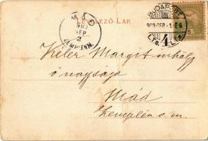 1903 Budapest V. Klotild paloták, háttérben a felállványozott Erzsébet híd építés közben, Varga üzle...