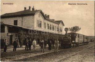 Rovinj, Rovigno; Stazione ferroviaria / Bahnhof / railway station with locomotive / vasútállomás és gőzmozdony, vasutasok (EK)