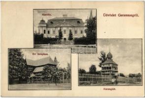 Garamszeg, Hronsek (Besztercebánya, Banská Bystrica); Evangélikus fatemplom és harangláb, Géczy kastély / Lutheran wooden church and belfry, castle