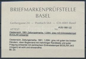 Szürke Hírlapbélyeg széles felső ívszéllel "BOGLÁR" Grey newspaper stamp with large upper ...